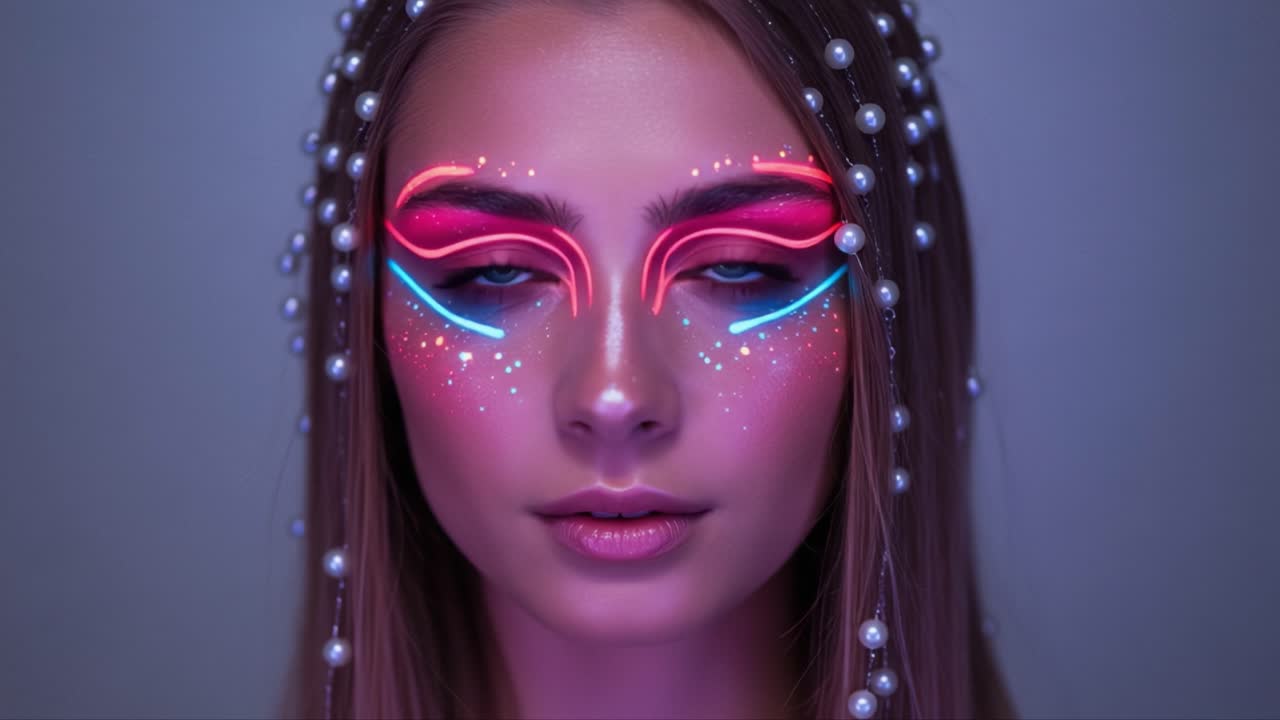Captivating Portrait of a Young Woman with Stunning Neon Makeup, Enhanced by Pearls and Vibrant Colors That Create an Ethereal Glow in a Fantasy Setting