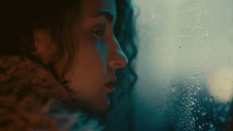 young sad woman looking through wet window in car