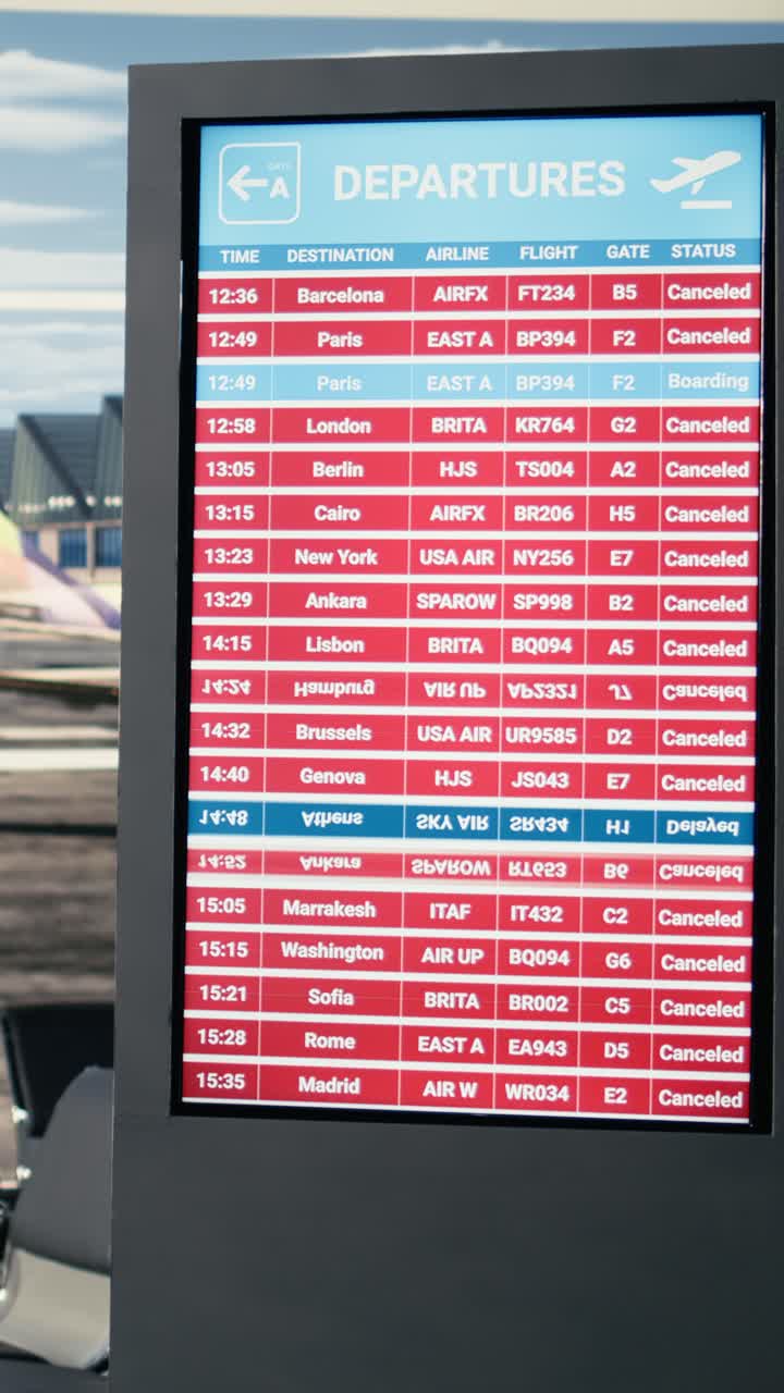 Video vertical: panel de salidas con alertas rojas mostrando vuelos cancelados y viajes suspendidos