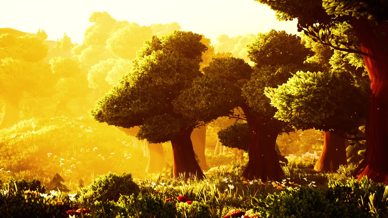 일몰 에 푸른 숲 이 꽃피고 있는 만화