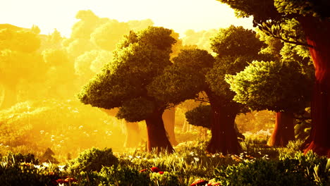 cartoon flowering green forest on sunset