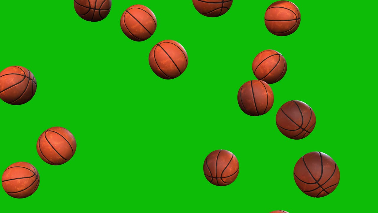 Basketballs falling on green screen 3D animation
