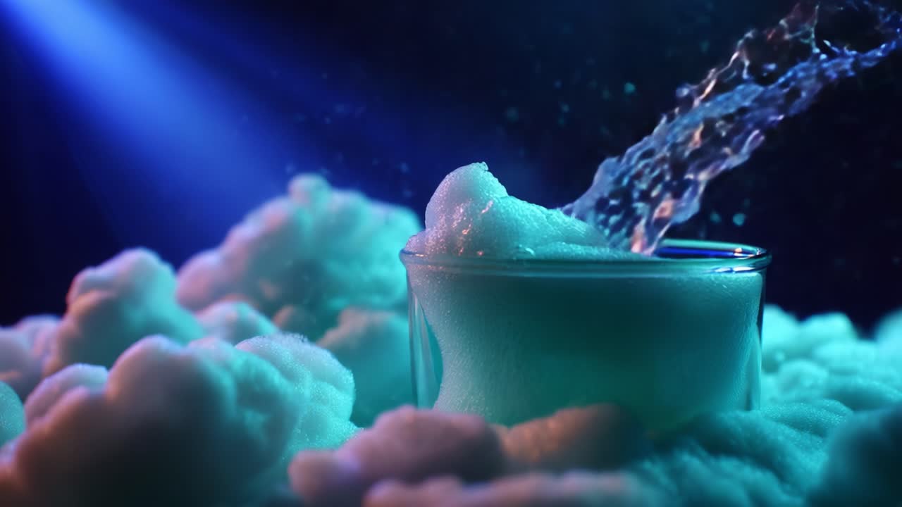 Dynamic Close-Up of Effervescent Bubbles Captured in a Glass Container Against a Background of Soft, Fluffy Clouds Illuminated by Ethereal Blue Lighting Effects