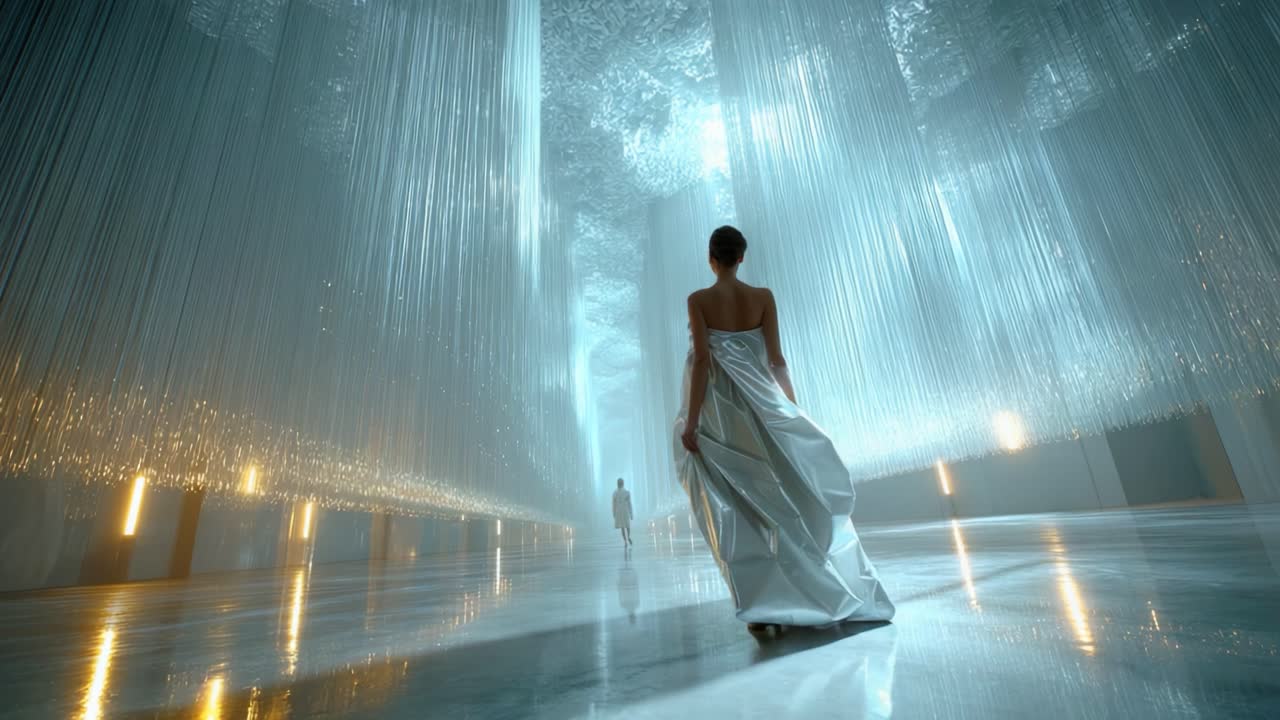 A mesmerizing display of ethereal beauty in a dreamlike environment where a figure in an elegant gown walks through a shimmering space adorned with cascading light strings, creating a captivating contrast of elegance and intrigue