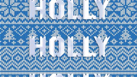 animation of holly text in repetition at christmas on blue background