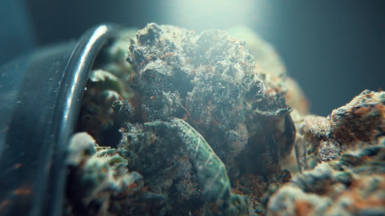 A vertical macro cinematic shot of a cannabis plant, hybrid orange strains, sativa ,marijuana flower, on a rotating stand, shiny bawl, Full HD, super slow motion, 120 fps, studio lighting