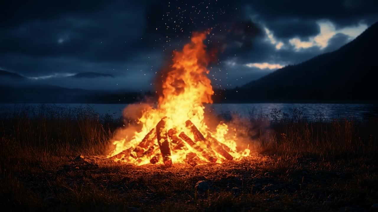Bright campfire burns near serene lake. A lively campfire crackles at dusk, surrounded by grass with a calm lake reflecting dark clouds nearby.