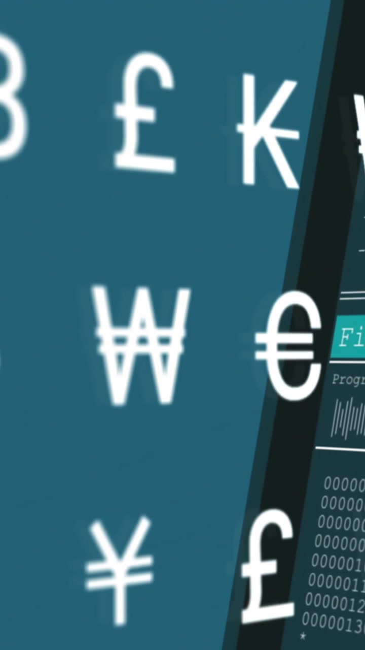 Animazione di molteplici simboli di valuta in movimento su elaborazione di dati su sfondo blu