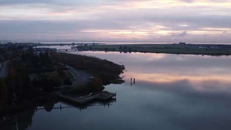 aerial river bend at sunset, ladner bc