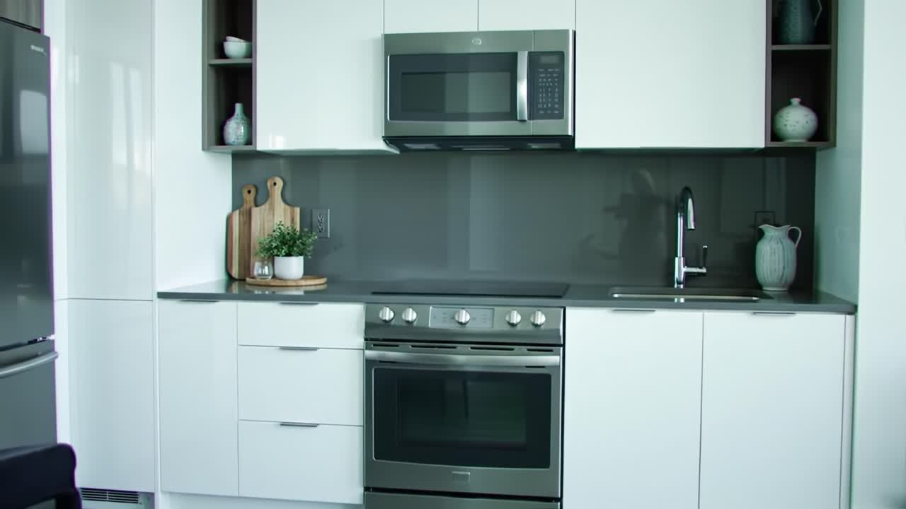 Modern Kitchen Interior Design Featuring Sleek White Cabinets, Contemporary Appliances, and Stylish Decor Elements for a Sleek Culinary Experience