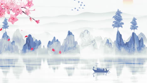 Mysterious-landscape-China's-traditional-Oriental-Digital-Art-animation,-Chinese-retro-painting-ink-misty-mountain-with-flowers,-tree,-birds,-river-in-fog-background