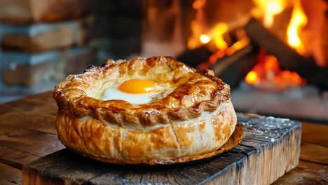 a baked egg in a pie sitting on top of a wooden table