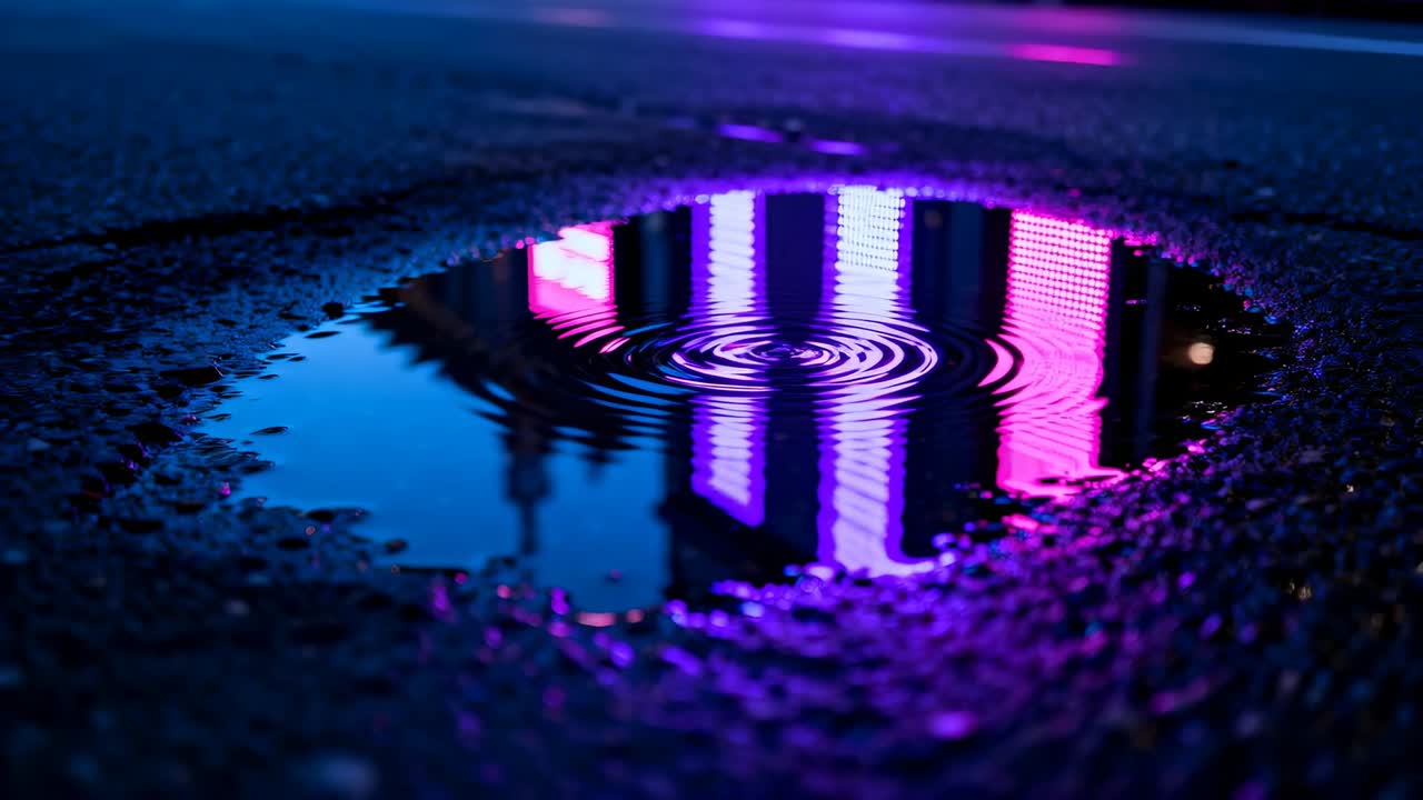 Rippling puddle reacting to drop, sending rings across asphalt, warping neon facade reflection