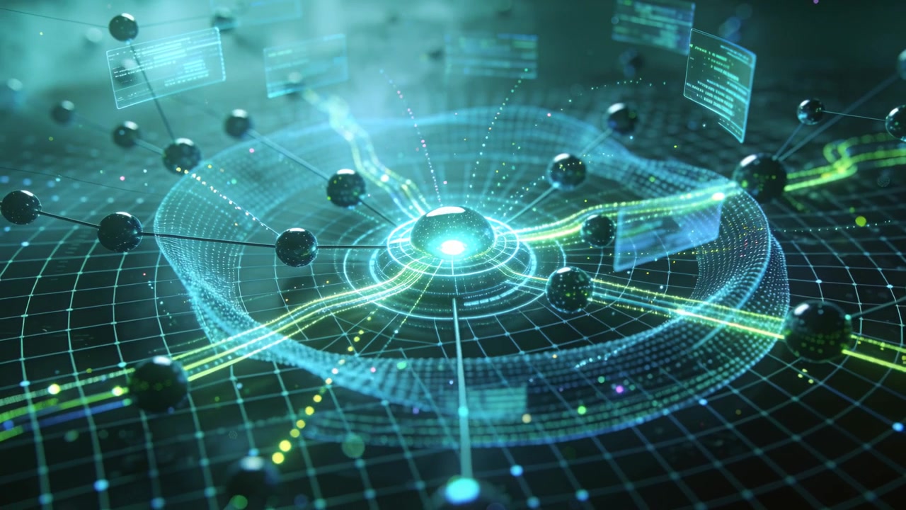Pulsing central glow driving data along green pathways across holographic network, routing data