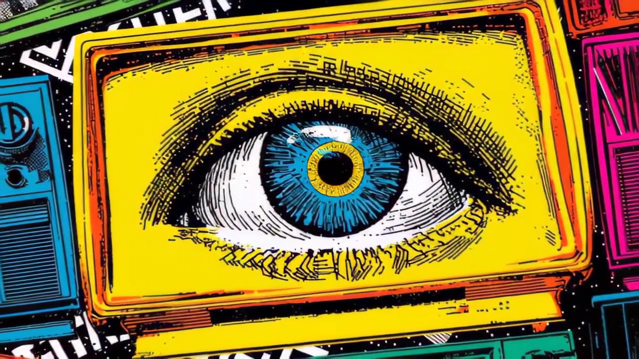Animazione pop art vibrante di un occhio umano blu visualizzato su uno schermo TV vintage, che simboleggia sorveglianza, controllo dei media, privacy e sfondo tecnologico