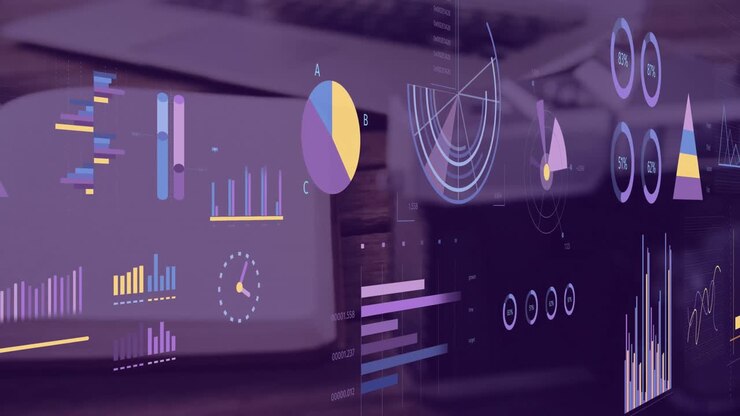 Animation af statistik, grafer og finansiel databehandling over en computer med tom skærm