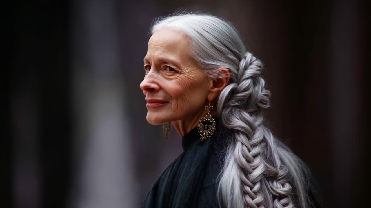 A Captivating Portrait Journey: The Elegance and Grace of an Older Woman with Stunning Silver Hair and Intricate Braids, Showcasing Natural Beauty and Wisdom in Every Detail