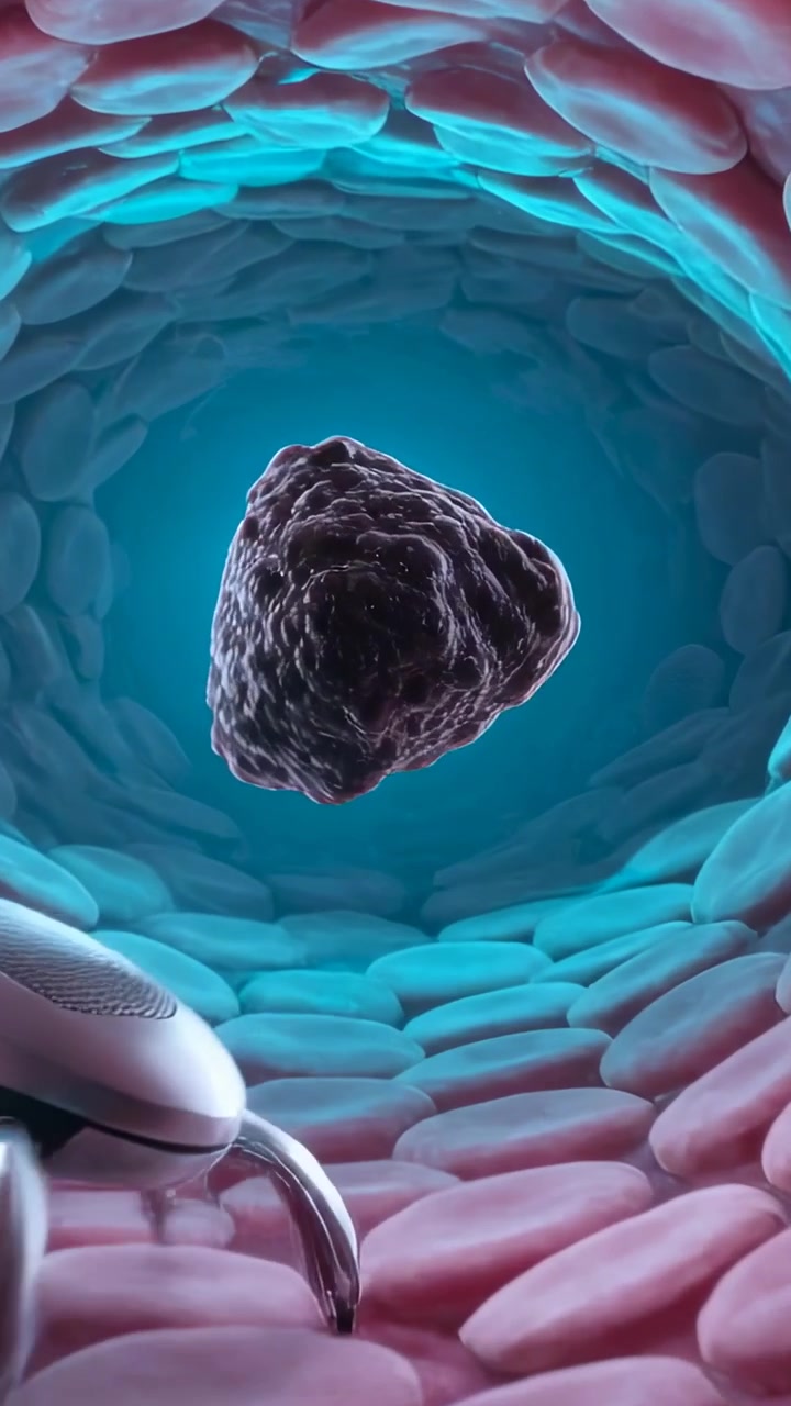 Vertical video: Detecting lesion, micro-robot moving under mass in lumen, deploying capsule swarm