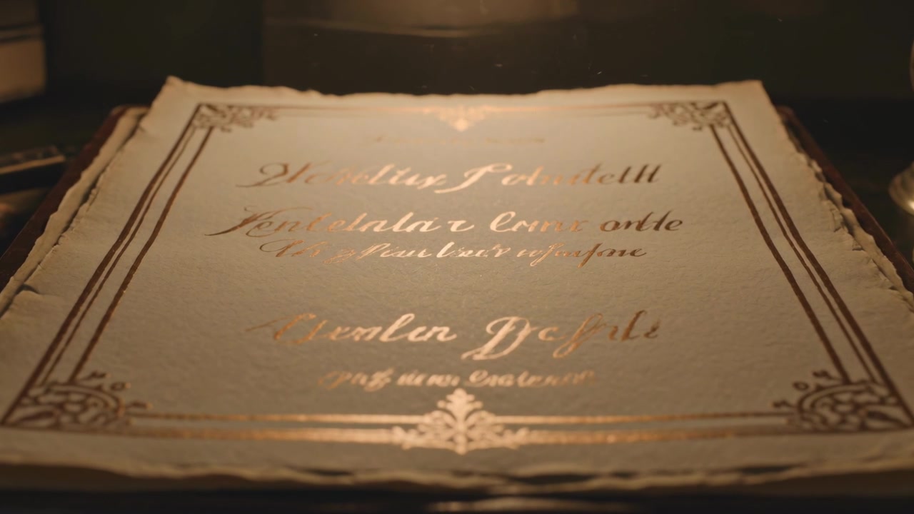 Zooming camera moving closer toward ornate bound book on dim study desk, revealing gold-foil script