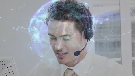 Animation-of-globe-of-network-of-connections-over-businessman-using-phone-headset