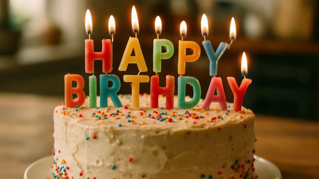 A close-up, eye-level shot of a birthday cake with colorful letter candles spelling 'HAPPY