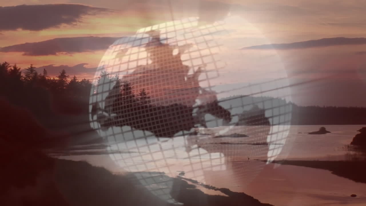 3D render showing translucent globe grid floating above coastal sunset, islands under warm sky