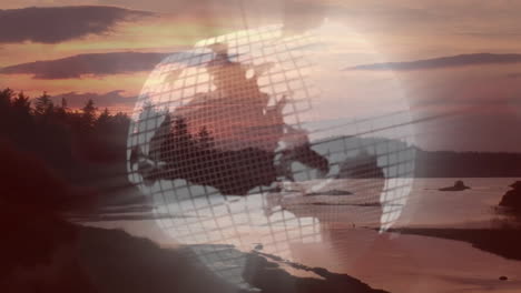 3d render showing translucent globe grid floating above coastal sunset, islands under warm sky