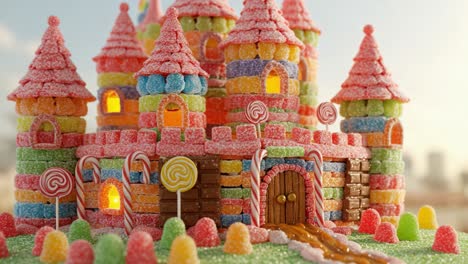 a whimsical candy castle made of colorful sweets and treats glows brightly under the sun, inviting all to enter its sugary wonderland of delight