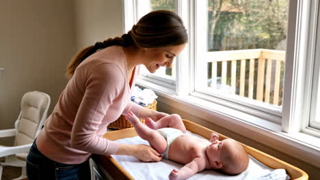 mother changing baby's diaper on a changing table