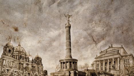 collage en cámara lenta de los puntos de referencia de berlín en alemania en papel viejo y vintage arrugado y el cielo time-lapse con nubes. animación de bucle de video 4k creativa con efecto de paralaje.