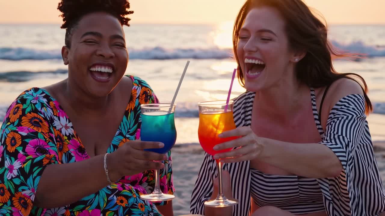 Two Friends Enjoying Drinks on the Beach at Sunset