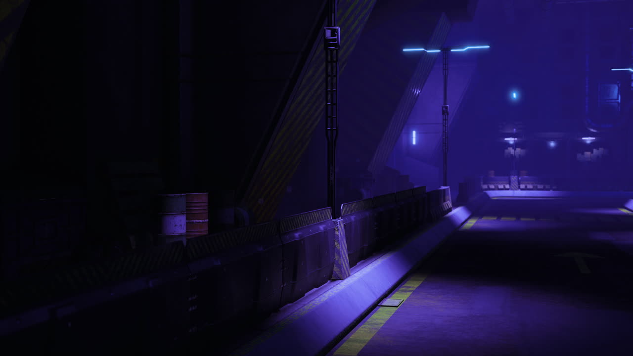 Vicolo urbano malinconico pieno di ombre e luci al neon di notte