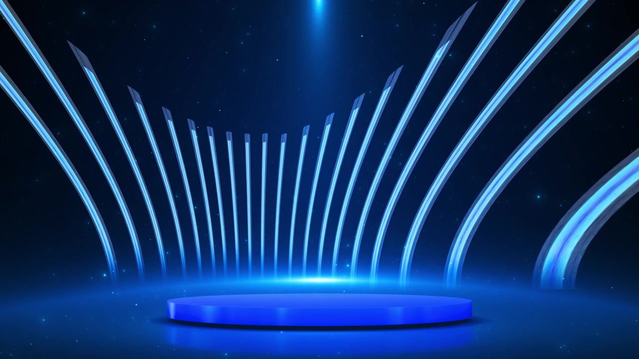 Blue stage platform glowing light pillars star particles cinematic spotlight depth product reveals