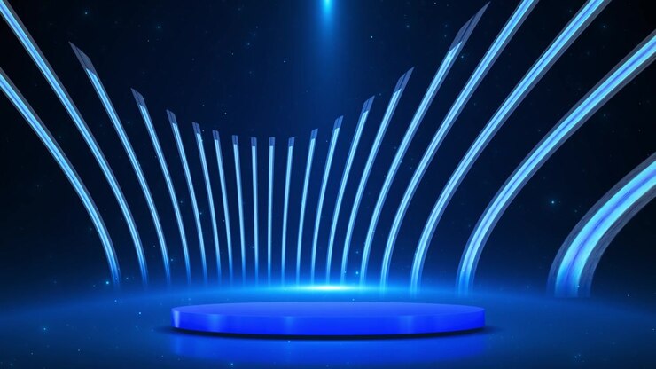 Piattaforma scenica blu, pilastri di luce luminosi, particelle stellari, riflettore cinematografico, presentazioni di prodotti con profondità
