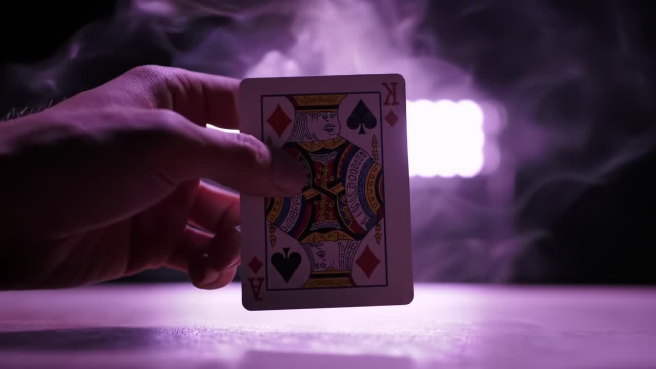 A Mesmerizing Display of Skill: A Hand Holding a Card Amidst Colorful Lights and Smoke, Capturing the Essence of Card Magic and Illusion