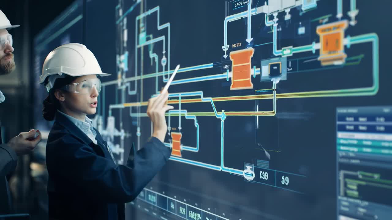 Engineers in hard hats analyze digital schematics on a large screen