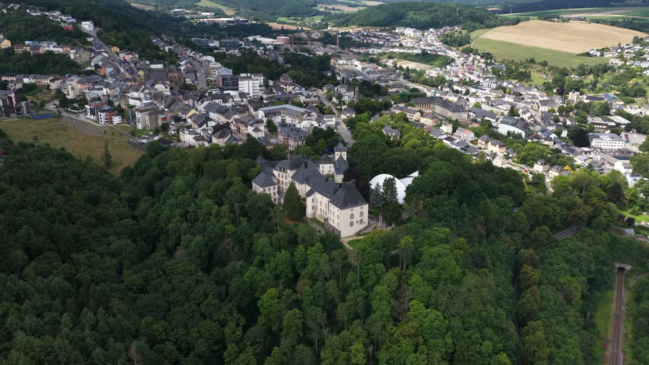 Wiltz Castle, architecture, history, museums, and cultural events. Luxembourg. Aerial view