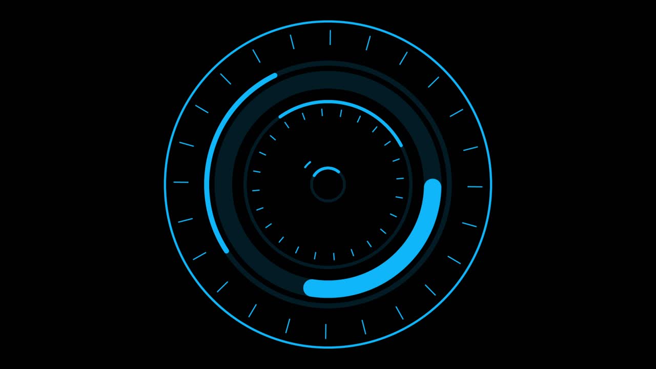 Animated heads-up display element with blue circular loading bars and clock-like markers. Seamless loop for technology, data processing, or sci-fi interface. Isolated on black background