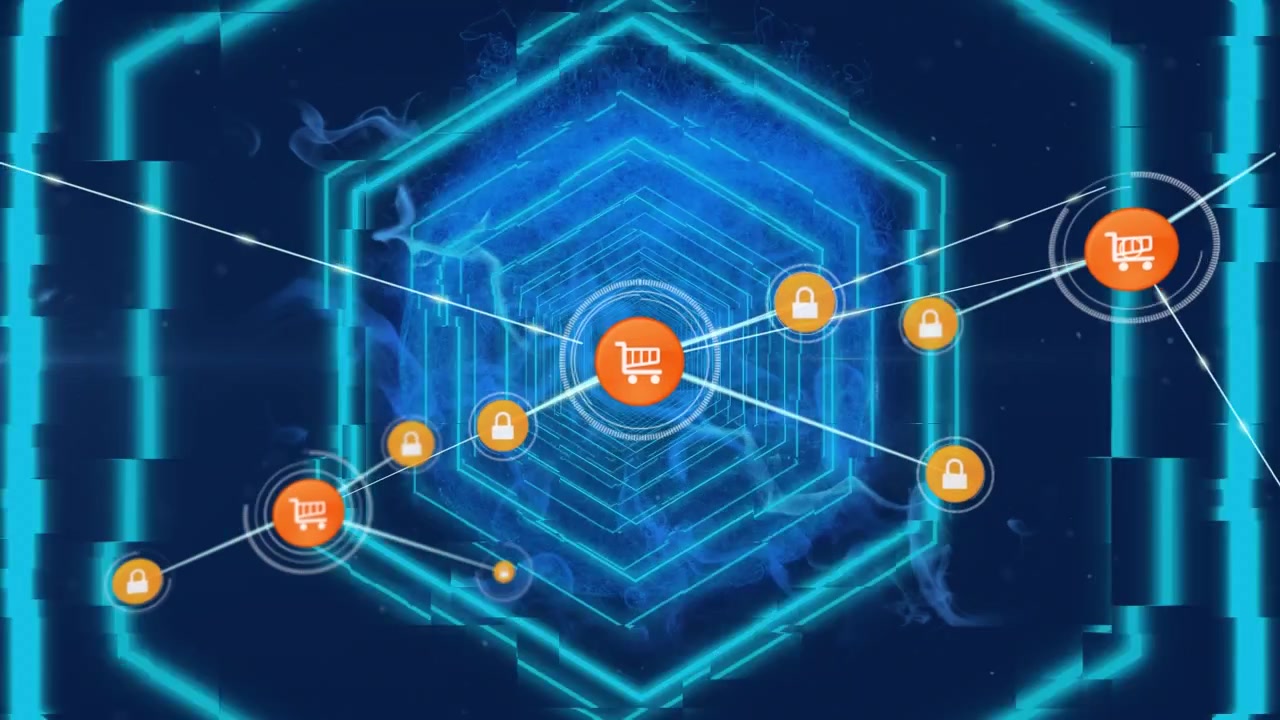 Animation of network of connections with icons over neon hexagons