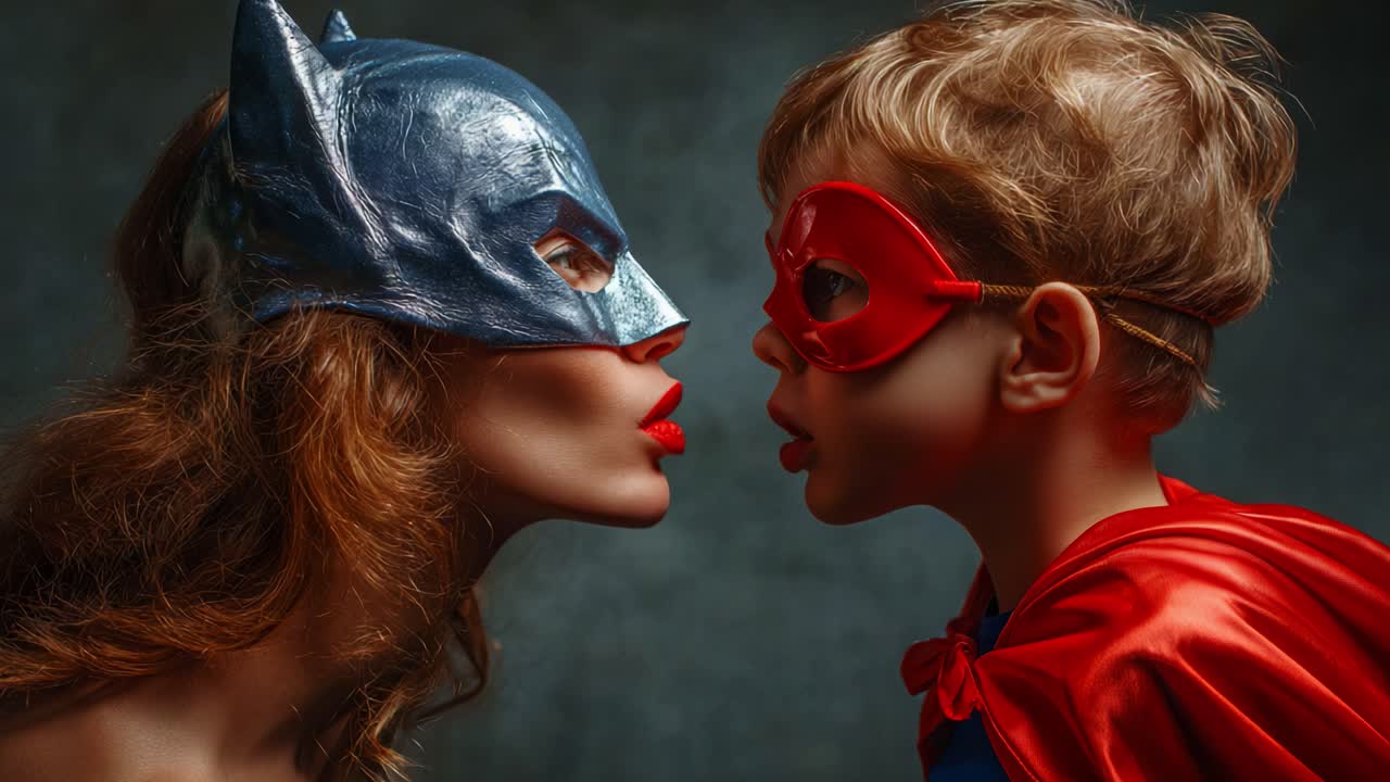 A Dynamic Face-Off: A Woman in a Silver Superhero Mask and a Young Boy in a Red Mask Share an Intense Moment as They Prepare for an Imaginative Adventure Together