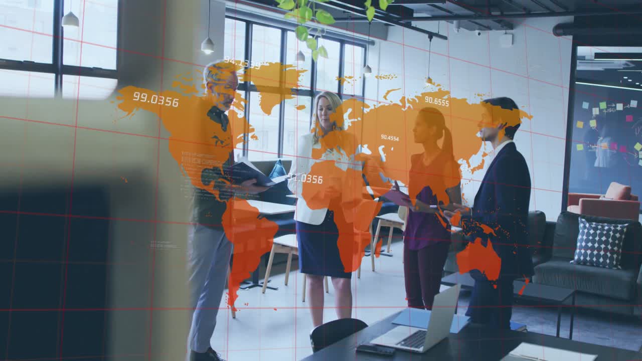 Animation of businessman handshake over cityscape