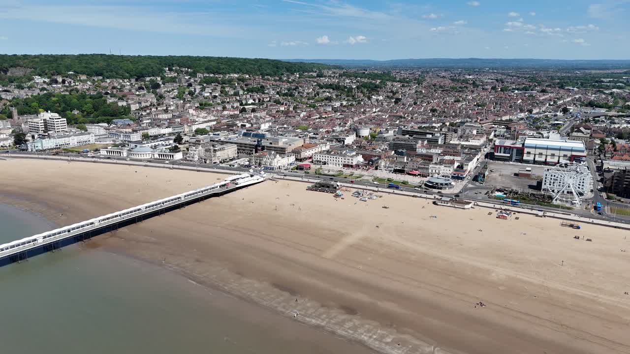 Weston-super-Mare Somerset UK seaside town establishing aerial shot summer