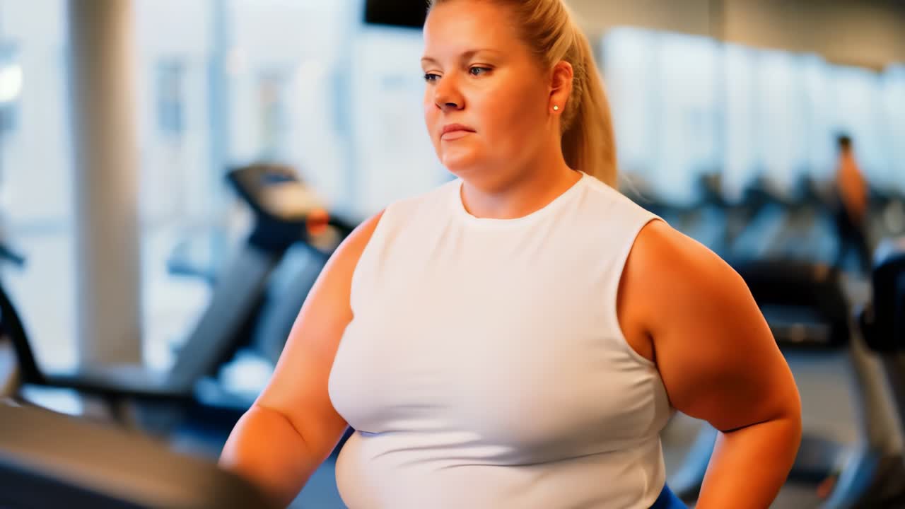 Eine erwachsene Frau läuft auf einem Laufband im Fitnessstudio.