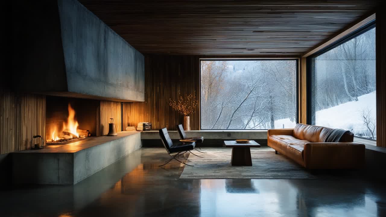 A Cozy, Contemporary Living Room with Large Windows Overlooking a Snowy Landscape, Featuring a Modern Fireplace, Comfortable Seating, and a Warm Atmosphere Perfect for Relaxation and Comfort