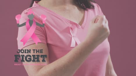 Join-the-fight-with-female-boxer-icon-against-mid-section-of-woman-wearing-pink-ribbon-on-her-chest