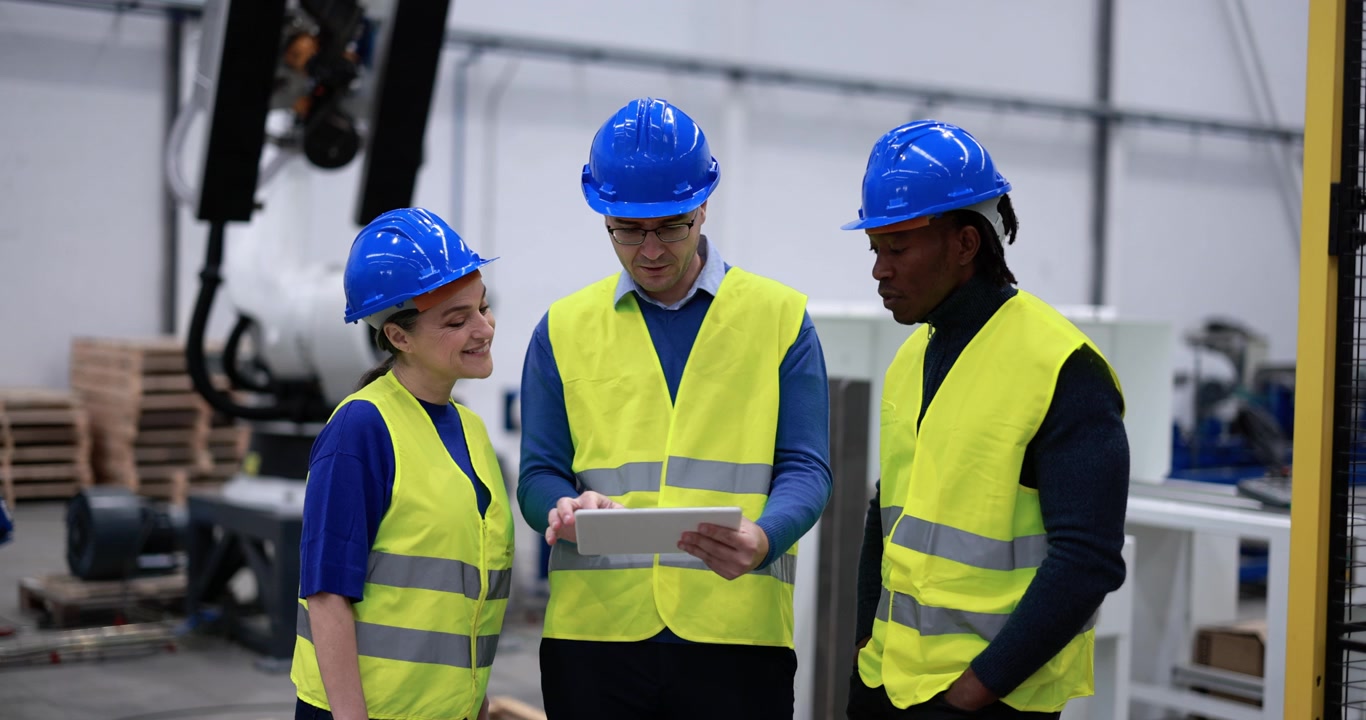 Industrial Engineers Discussing Project on Tablet in Factory