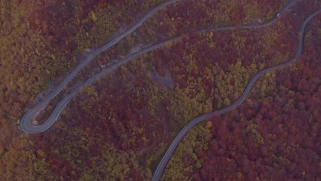 Paso-De-Montaña-Ruta-Escénica-Pendiente-Lleno-De-Color-Bosque-Cambiado-En-Otoño,-Amanecer