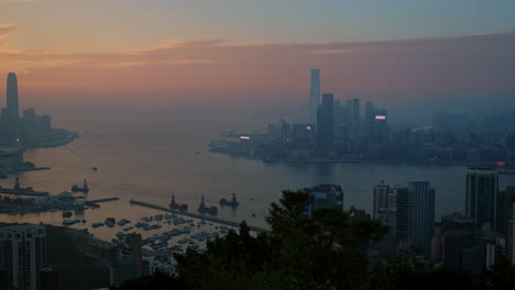 high view overlooking victoria harbour including both hong kong island and kowloon at dusk