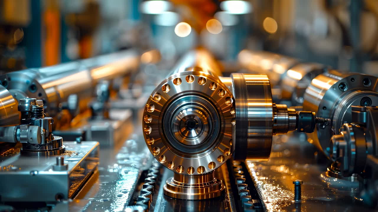 Workshop machinery details. Close-up view of a shiny metal part in a busy manufacturing workshop showcasing machinery and mechanical components