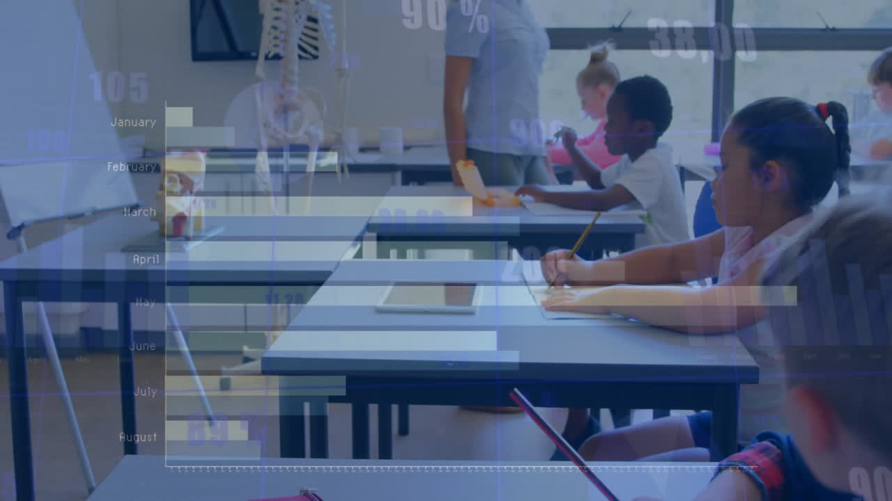 다양한 교사와 교실 학생을 대상으로 금융 데이터 처리의 애니메이션